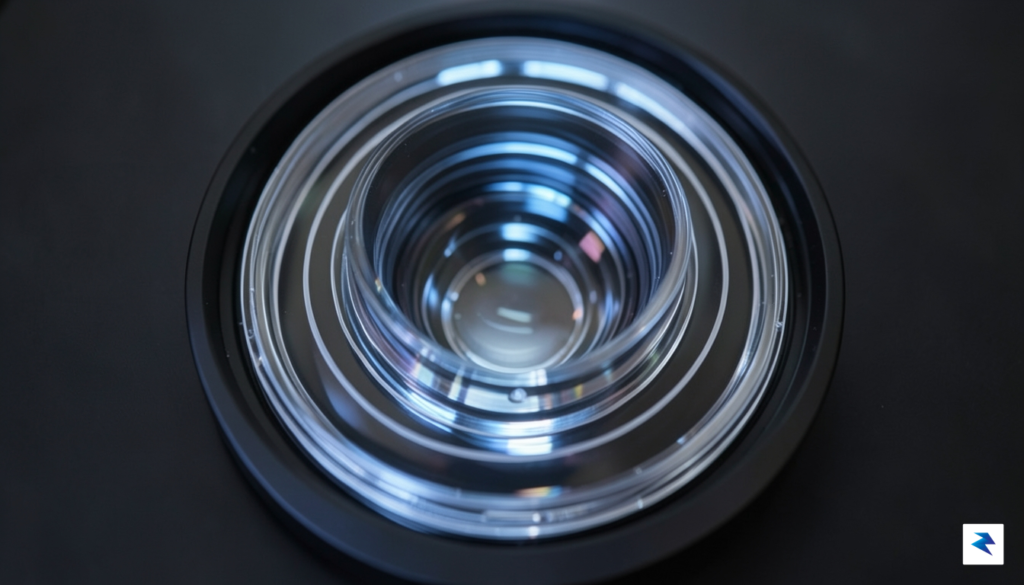 A close-up, high-detail photograph of the internal optical glass lenses&hellip;