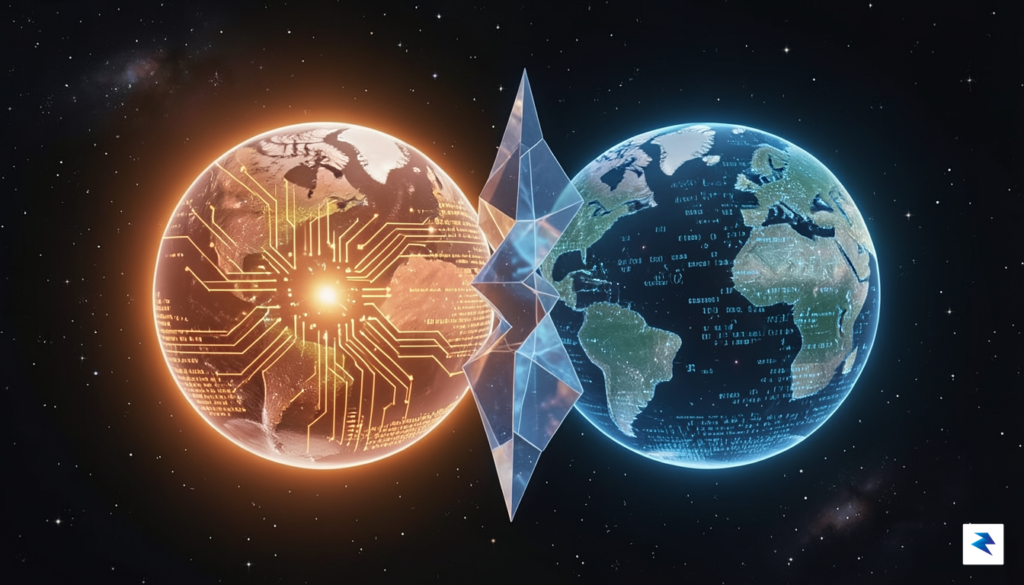 A conceptual digital illustration showing two halves of a globe,…