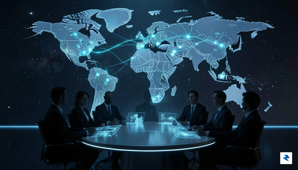 A conceptual image showing a digital map of the world…