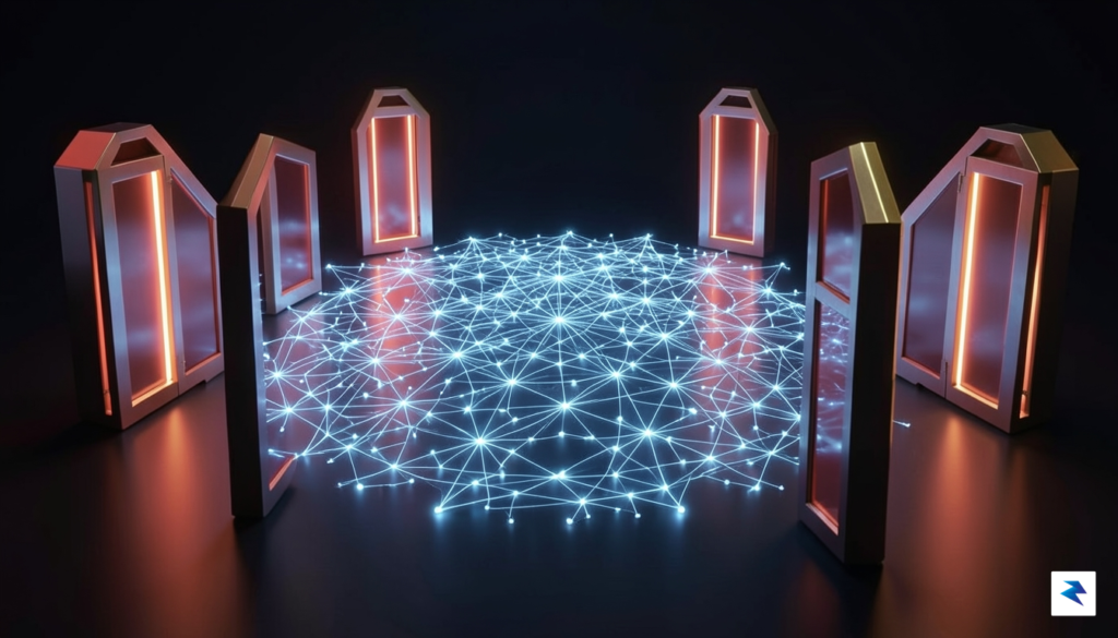 A conceptual digital illustration showing a futuristic, glowing neural network…