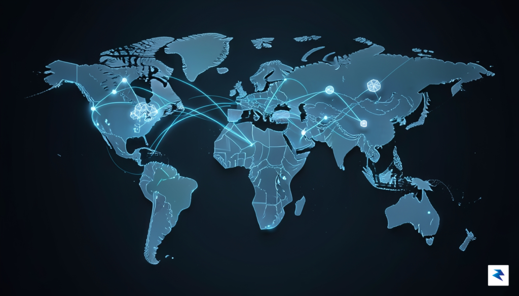 A modern, high-tech conceptual illustration showing a digital map of…