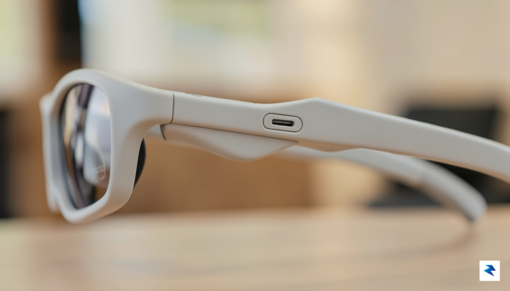 A close-up side profile shot of the Xreal glasses showing&hellip;
