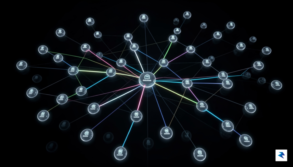 A conceptual 3D visualization showing glowing nodes in a network…