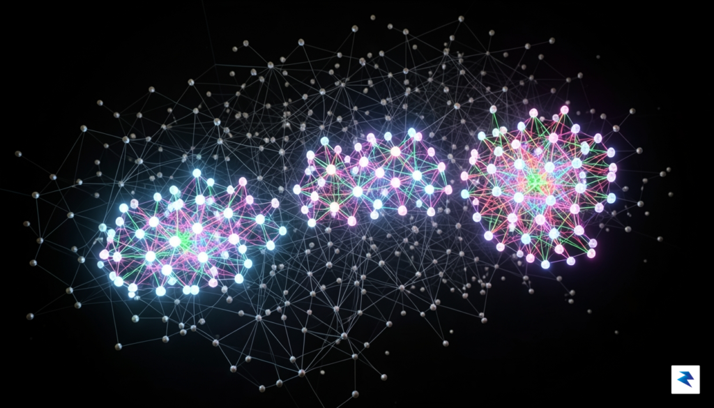 A conceptual digital visualization showing a network map transitioning from…