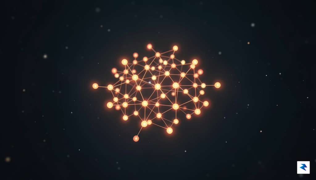 A conceptual digital illustration showing interconnected, glowing small nodes of…