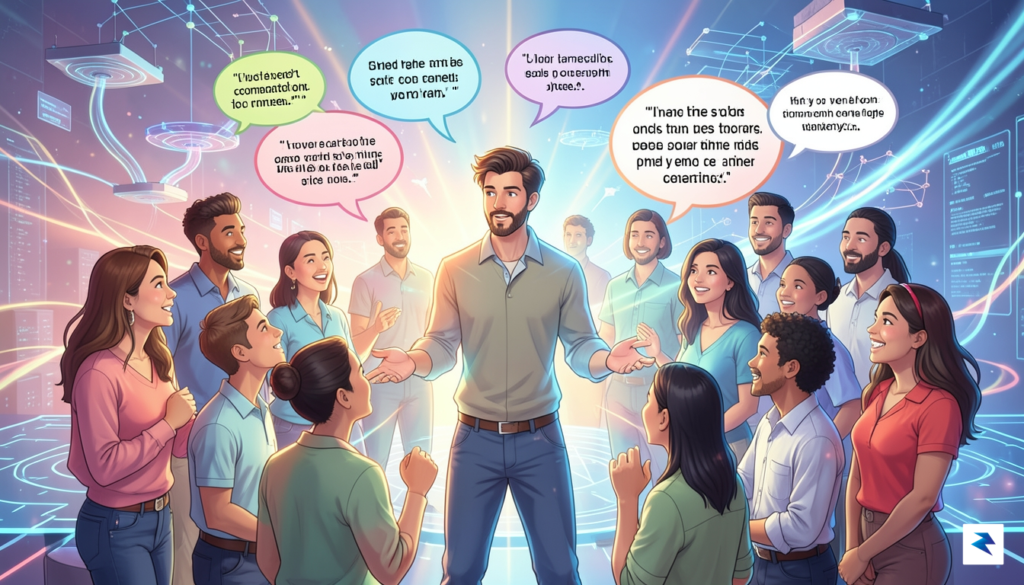 A digital illustration showing a creator connecting with a diverse…