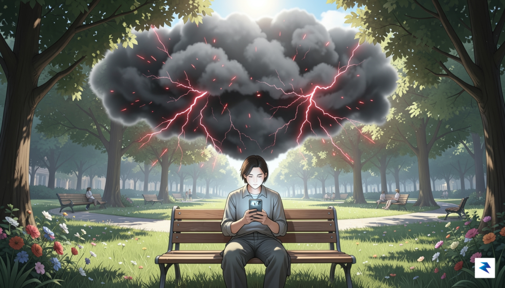 A digital illustration showing a person sitting on a park…