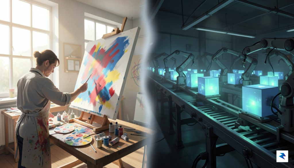 A conceptual digital illustration showing a human artist working on…