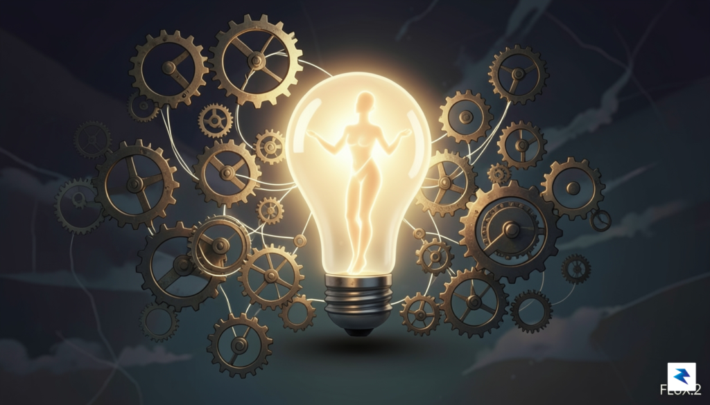 A conceptual digital illustration showing a glowing, human-shaped light bulb…