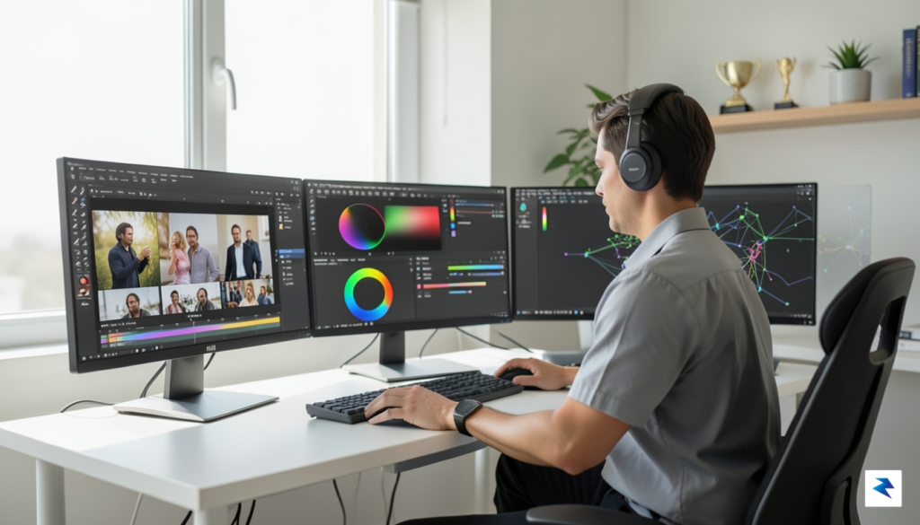 A professional video editor working at a desk with multiple…