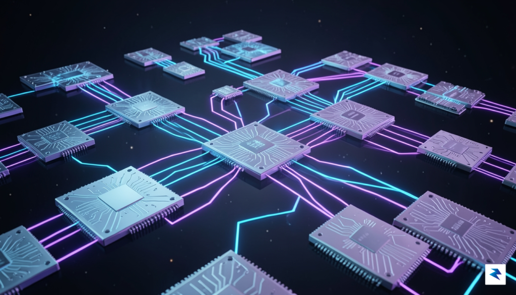 A sleek, futuristic visualization showing glowing lines of data seamlessly…