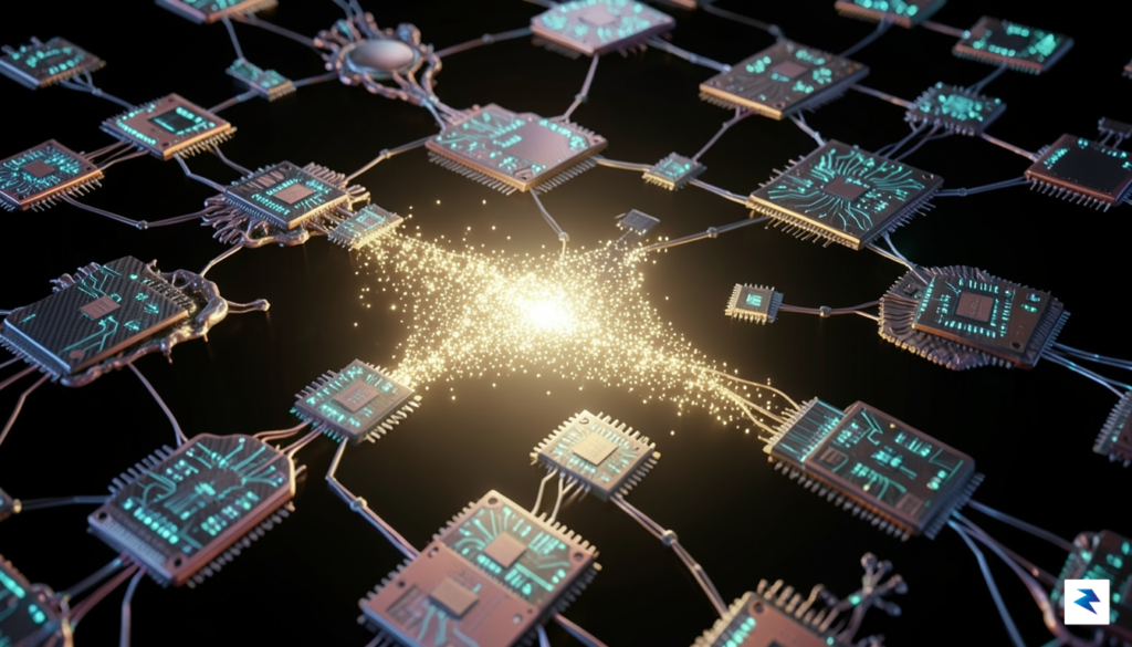 A conceptual digital illustration showing a complex network of glowing,…