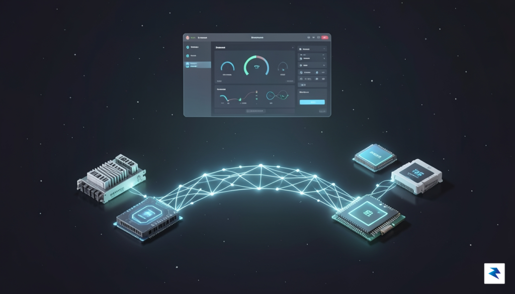 A conceptual digital illustration showing a glowing neural network bridge…