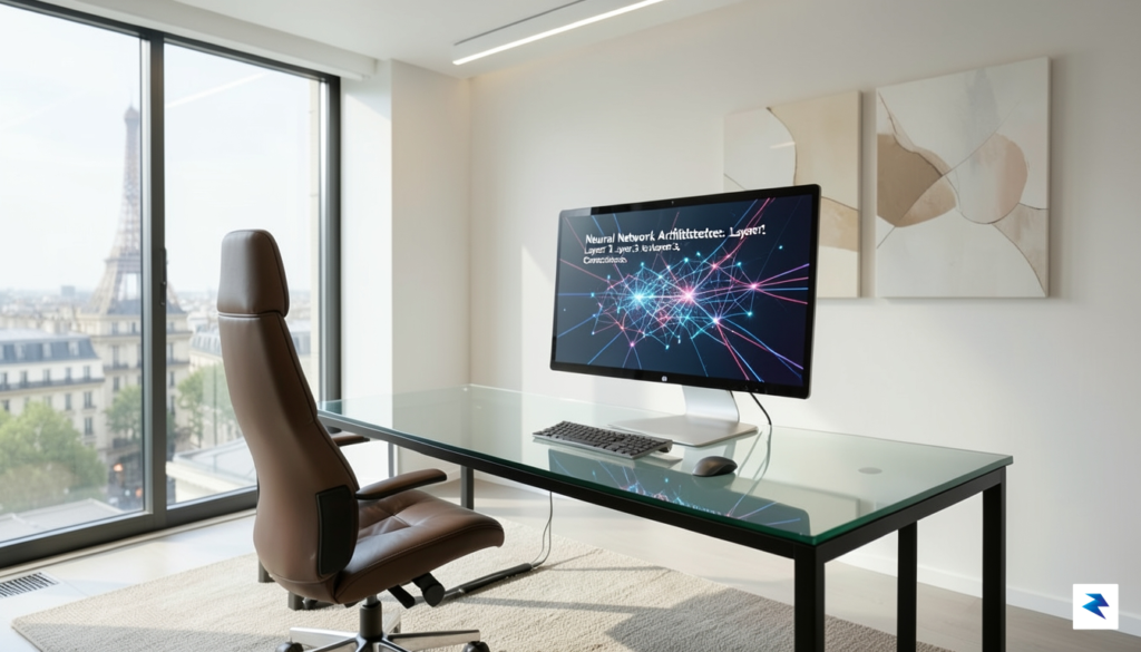 A sleek, modern office workspace in Paris with a large…